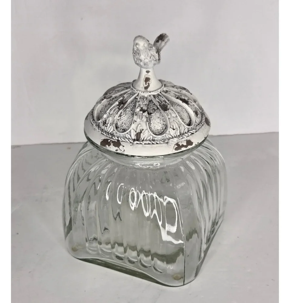 Ribbed Clear Glass Canister With White‎ Song Bird Chippy Paint Lid Cookie Jar